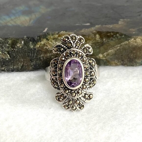 Sterling Silver 925 HAN Thai Oval Amethyst 1" Large Marcasite Ring Sz 6.25 - Picture 2 of 16